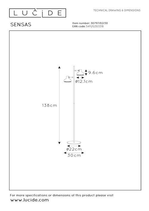 Lucide SENSAS - Vloerlamp - 2xGU10 (ES111) - Zwart - technisch